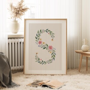 Arte de pared con inicial floral S: descarga digital, impresión de monograma de acuarela, decoración elegante con letras, alfabeto botánico, arte imprimible para guardería