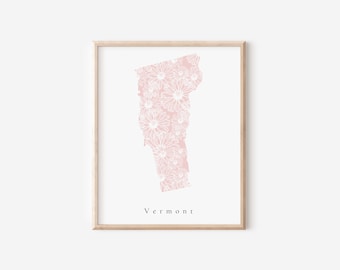 Vermont State Print, Vermont Floral Print, Pink Vermont Art, Vermont Wall Art, Vermont State Art, Vermont Nursery Decor, Vermont Print