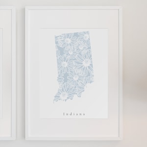 Indiana Blue Floral, Indiana Floral Print, Indiana State Print, Indiana Nursery Art, Indiana Office Art, Indiana Art Print, Indiana Dorm Art