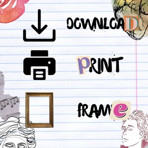 Peut inclure: T&eacute;l&eacute;chargement num&eacute;rique imprimable d'un design graphique avec les mots "T&eacute;l&eacute;charger", "Imprimer" et "Cadre" sur un fond de page de cahier lign&eacute;. Le design pr&eacute;sente un c&oelig;ur, une rose, une ic&ocirc;ne d'imprimante et un cadre photo.