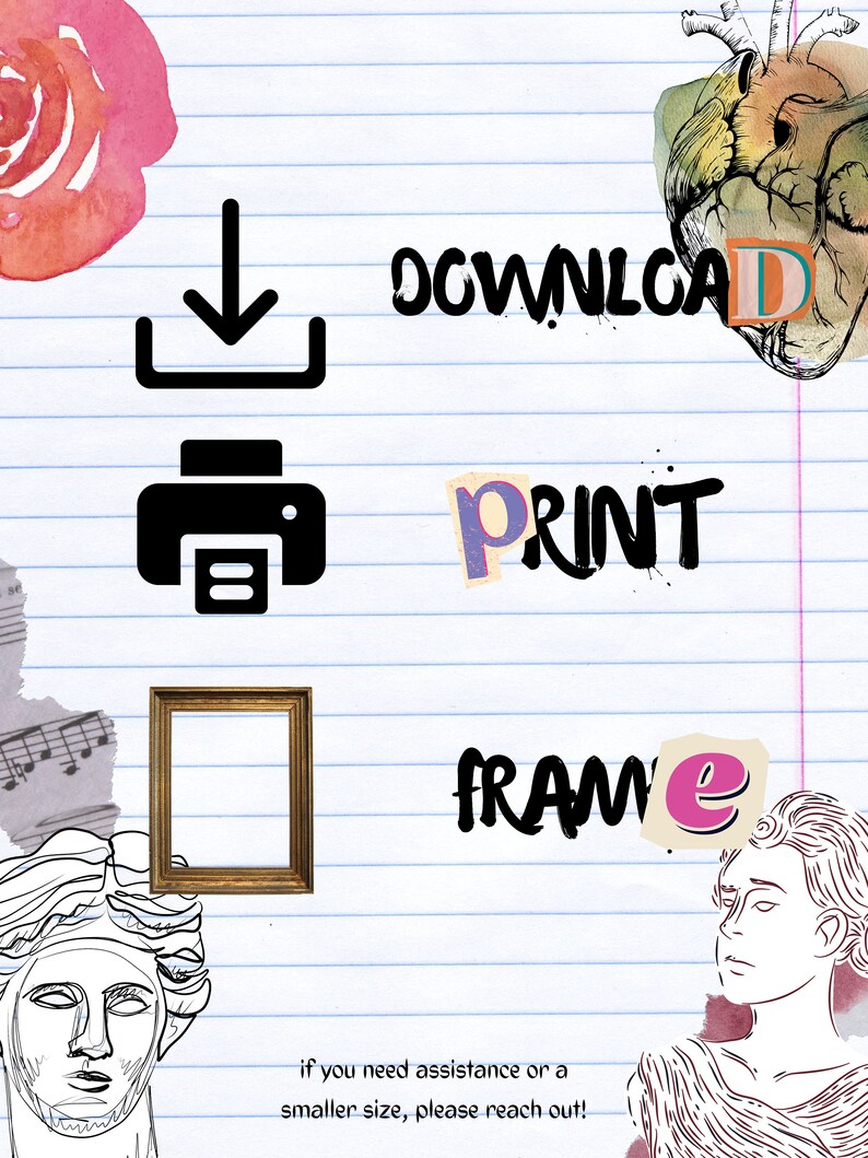 Peut inclure: T&eacute;l&eacute;chargement num&eacute;rique imprimable d'un design graphique avec les mots "T&eacute;l&eacute;charger", "Imprimer" et "Cadre" sur un fond de page de cahier lign&eacute;. Le design pr&eacute;sente un c&oelig;ur, une rose, une ic&ocirc;ne d'imprimante et un cadre photo.