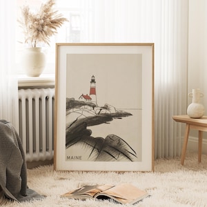 Houtskoolprint Maine Lighthouse, Maine Coastal Print, Vuurtorenprint, Vuurtorenmuurprint, Maine Wall Art, Maine State Print, Maine Art