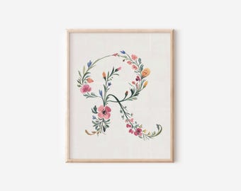 Stampa artistica da parete con lettera R, floreale, acquerello, iniziale R, decorazione per la casa, stampa artistica con lettera R per cameretta dei bambini, nome, lettera R per ragazze, decorazione per dormitorio con iniziale R stampabile.