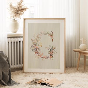 Arte de pared con inicial G floral en acuarela, arte de pared con inicial para guardería, impresión artística para guardería, decoración de habitación inicial, impresión artística con inicial G, acuarela G