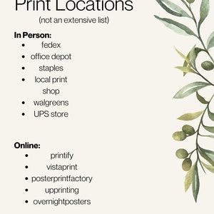 May include: A cream-colored graphic with the text "Print Locations" and a list of in-person and online printing services. Decorative green botanical elements frame the text. The list includes options like FedEx, Staples, and Printify.