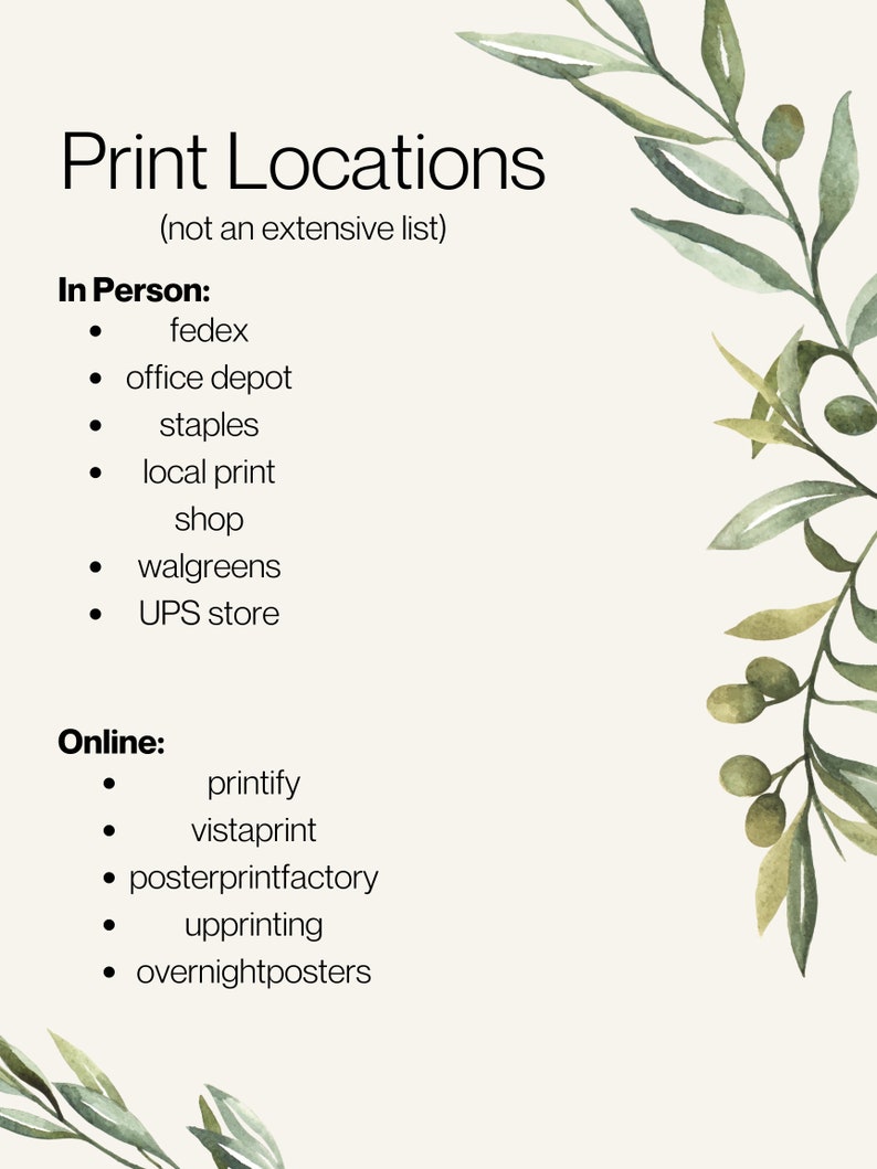 May include: A cream-colored graphic with the text "Print Locations" and a list of in-person and online printing services. Decorative green botanical elements frame the text. The list includes options like FedEx, Staples, and Printify.
