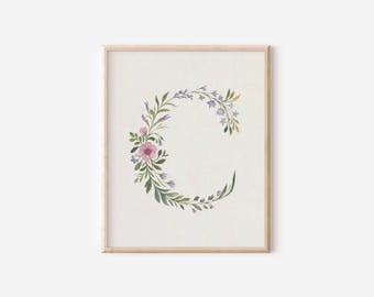 Stampa artistica da parete con lettera C floreale, iniziale C, download istantaneo, stampa artistica da parete con iniziale, stampa artistica per cameretta dei bambini, lettera C floreale, acquerello