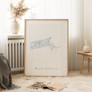 Floral azul de Massachusetts, Floral de Massachusetts, Impresión de Massachusetts, Arte estatal de Massachusetts, Arte de Massachusetts, Arte de dormitorio de Massachusetts