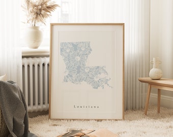 Louisiana Blue Floral Print, Louisiana Print, Louisiana State Art, Louisiana State Print, Louisiana Nursery Art, Louisiana Office Art