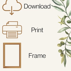 May include: A digital art print with instructions: Download, Print, and Frame. The design features a cloud icon, a printer icon, and a picture frame icon, all in brown. Green and olive-colored botanical elements adorn the corners, set against a cream background.