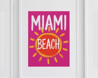 Miami Beach Digital Art Print Vibrant Colorful California Wall Art Summer Decor Hot Pink Print Instant Download Florida State Poster