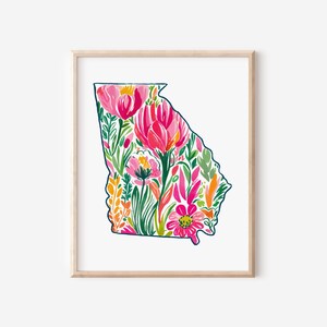 Impression d'art mural floral aquarelle de l'État de Géorgie Téléchargement instantané Décoration de dortoir de Géorgie Impression d'État Art mural aquarelle floral de Géorgie Géorgie