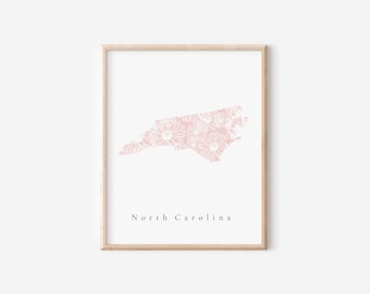 North Carolina Wall Art, North Carolina Art Print, North Carolina Floral Print, Pink North Carolina Print, North Carolina Nursery Decor, Art