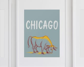 Chicago Wall Art Chicago Bull Print Maximalist Art Print Instant Download Living Room Decor Chicago Illinois State Print Bold Wall Art
