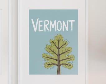 Póster del estado de Vermont, arte de pared, descarga instantánea, decoración del hogar, impresión artística para dormitorio de Vermont, árbol de arce azucarero, impresión de póster de Vermont, arte estatal