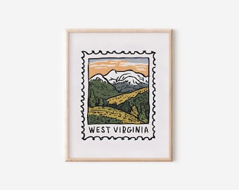 West Virginia Mountain Stamp Print, West Virginia Stamp Art, West Virginia Print, West Virginia State Art, West Virginia State