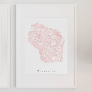 Wisconsin Pink Floral Print, Wisconsin Print, Wisconsin State, Wisconsin Art, Wisconsin Dorm Art, Wisconsin State Print, Wisconsin Nursery
