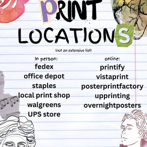 Peut inclure: Une liste d'endroits d'impression, &agrave; la fois en personne et en ligne, avec une illustration &agrave; la main d'un c&oelig;ur et d'une rose. Le texte indique "PRINT LOCATIONS (not an extensive list)". Les lieux en personne comprennent FedEx, Office Depot, Staples, Local Print Shop, Walgreens et UPS Store. Les lieux en ligne comprennent Printify, Vistaprint, PosterPrintFactory, Uprinting et OvernightPosters.