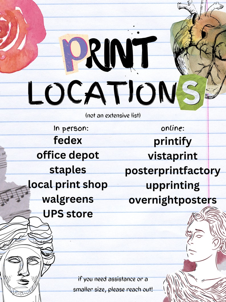 Peut inclure: Une liste d'endroits d'impression, &agrave; la fois en personne et en ligne, avec une illustration &agrave; la main d'un c&oelig;ur et d'une rose. Le texte indique "PRINT LOCATIONS (not an extensive list)". Les lieux en personne comprennent FedEx, Office Depot, Staples, Local Print Shop, Walgreens et UPS Store. Les lieux en ligne comprennent Printify, Vistaprint, PosterPrintFactory, Uprinting et OvernightPosters.