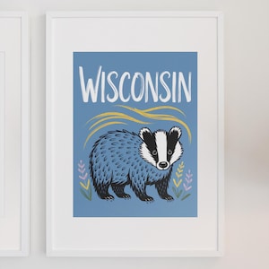 Wisconsin State Wall Art Print Badger State Animal Wisconsin Print Poster Gift for Wisconsin Natives Living Room Decor Wisconsin Dorm Blue