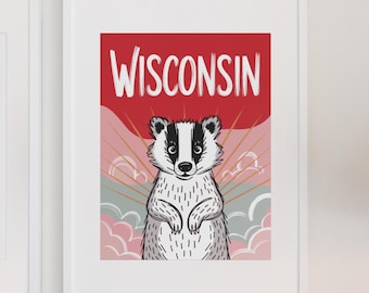 Wisconsin Badger State Poster Print Wisconsin Wall Art Digital Download Wisconsin Dorm Decor Home Living Wisconsin State Wall Art Office