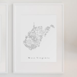 West Virginia Black Floral State Print, West Virginia Art Print, West Virginia State Print, West Virginia State Wall Art, West Virginia Art
