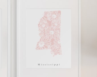 Mississippi Pink Floral Print, Mississippi Floral Print, Mississippi State Print, Mississippi Art Print, Mississippi Dorm Decor, Mississippi
