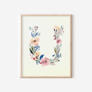 Initial U Wall Art Print Watercolor Floral Initial U Printable Home Decor Instant Download Initial U Girls Room Name Print Letter U Wall Art