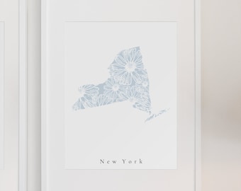 New York Blue Floral Print, New York Art, New York State Art, New York Wall Art, New York Print, New York Decor, New York Nursery Art