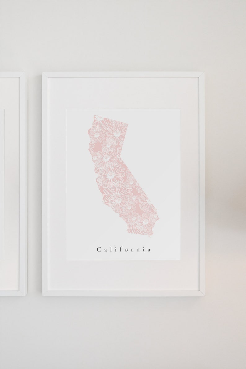 May include: A framed print featuring the outline of California filled with a floral pattern in shades of pink and white. The word "California" is printed in a simple font below the image. The print is displayed in a white frame.