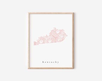 Kentucky Pink Floral Art, Kentucky Pink Floral Print, Kentucky State Wall Art, Kentucky State Art Print, Kentucky Print, State Wall Art