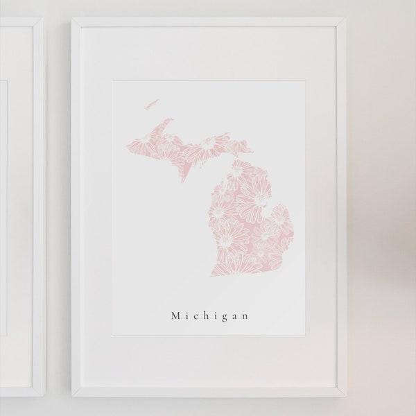 Michigan Pink Floral Art, Michigan State Art, Michigan State Print, Michigan State, Michigan Dorm Art, Michigan Nursery Art, Michigan Print