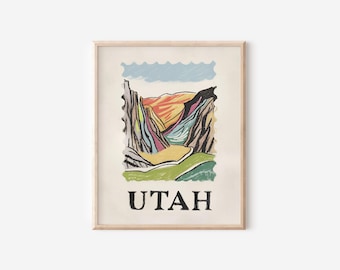 Arte de parede de Utah, arte de parede de montanha de Utah, impressão de arte de Utah, impressão de Utah, impressão do estado de Utah, arte de parede de montanha, impressão de arte de montanha, pastel de montanha