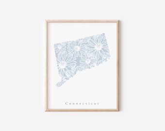 Connecticut Blue Floral Print, Connecticut Floral, Connecticut Print, Connecticut State Art,  Connecticut Dorm Art, Connecticut Decor