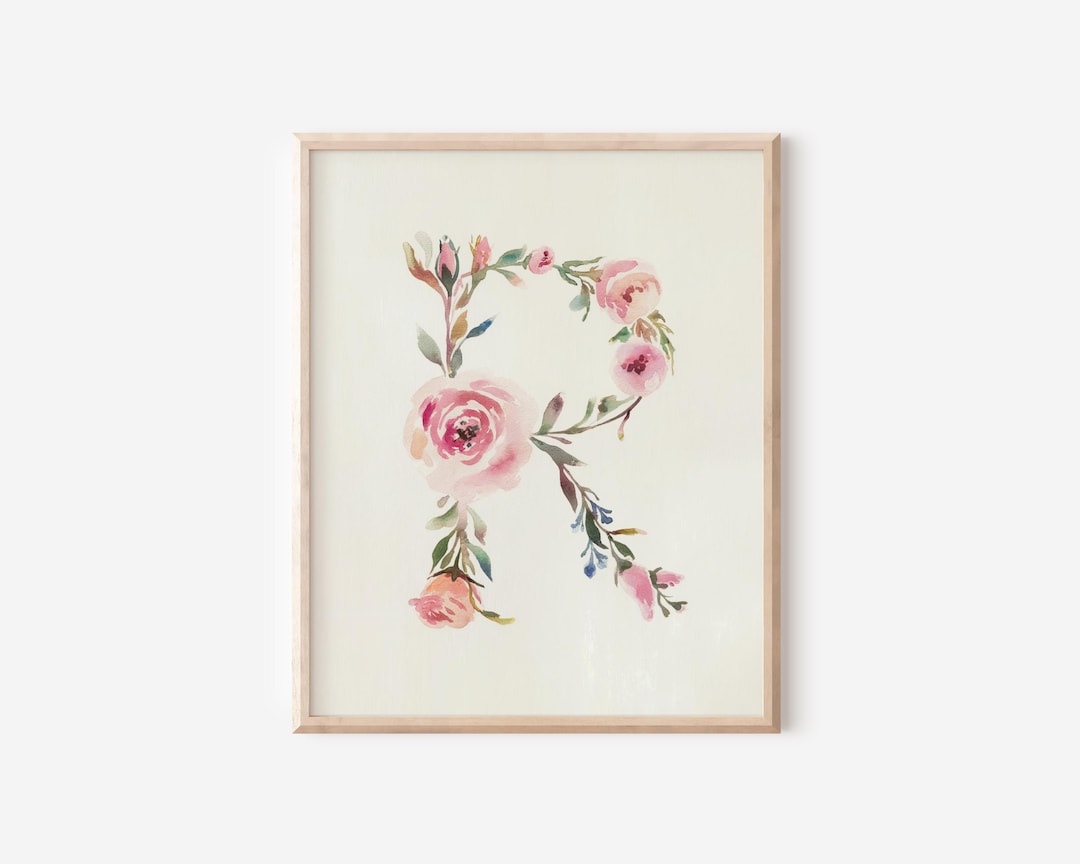 Room Decor With R Letter R Wall Art Print Floral Watercolor Initial R Home Decor Letter R ...