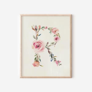 Letter R Wall Art Print Floral Watercolor Initial R Home Decor Letter R Nursery Art Print Name Girls Letter R Dorm Decor Initial R Printable