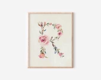 Stampa artistica da parete con lettera R, floreale, acquerello, iniziale R, decorazione per la casa, stampa artistica con lettera R per cameretta dei bambini, nome, lettera R per ragazze, decorazione per dormitorio con iniziale R stampabile.