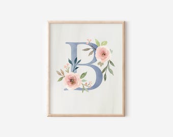 Letter B Watercolor Wall Art Floral Letter B Initial Art Print Instant Download Home Decor Printable Letter B Wall Art Floral Dorm Print B