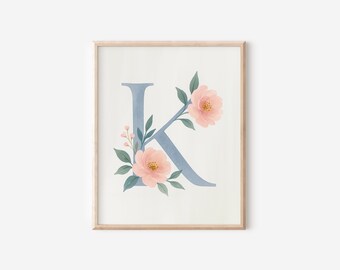 Blaue Blumen Buchstabe K Wand Kunst Druck Sofortiger Download druckbare Wohnkultur Kinderzimmer Buchstabe K Wand Kunst Design Wohnheim erste K Kunstdruck Floral