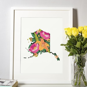 Alaska Peony Floral State Wall Art Instant Download Alaska Print State Decor Home Living Alaska Dorm Wall Art Floral State Print Alaska