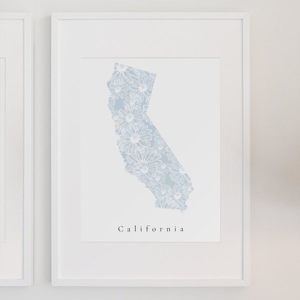 California Blue Floral Print, California Wall Art, California Art Print, California State Print, Blue Floral State Art, California Nursery