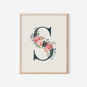 Floral Initial S Wall Art - Digital Download, Watercolor Monogram Print, Elegant Letter Decor, Botanical Alphabet, Printable Nursery Art