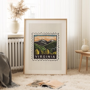 Virginia Stamp Wandkunst, Virginia Mountain Valley Kunst, Virginia Mountain Valley Kunst, Virginia Dekor, Virginia Stamp, Virginia Print, Virginia Dorm