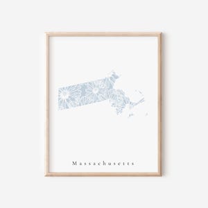 Massachusetts Blue Floral, Massachusetts Floral, Massachusetts Print, Massachusetts State Art, Massachusetts Art, Massachusetts Dorm Art
