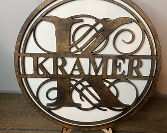 personalized gift, custom wood Last name, laser cut sign, Wedding gift, initial round sign with stand, last name sign, custom initial