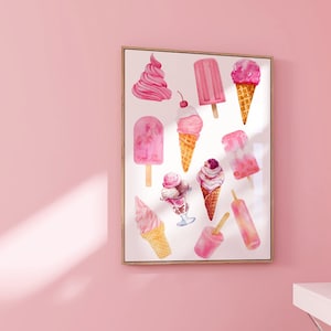 Pink Kitchen Poster,Ice Cream Wall Art,Preppy Wall Art Kitchen Decor,Kitchen Pink Wall Art,Trendy Print Watercolor Colorful Kitchen Wall Art