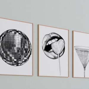 Edgy 3 zestaw Galeria ścienna|Funky Kitchen Czarno-biały wydruk|Wystrój domu Czarny plakat|Bar Cart Cocktail Wall Art|Trendy Retro Funky Girl Decor