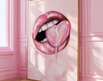 Lámina artística de piruleta con labios rosados: Decoración moderna y preppy (descarga digital)