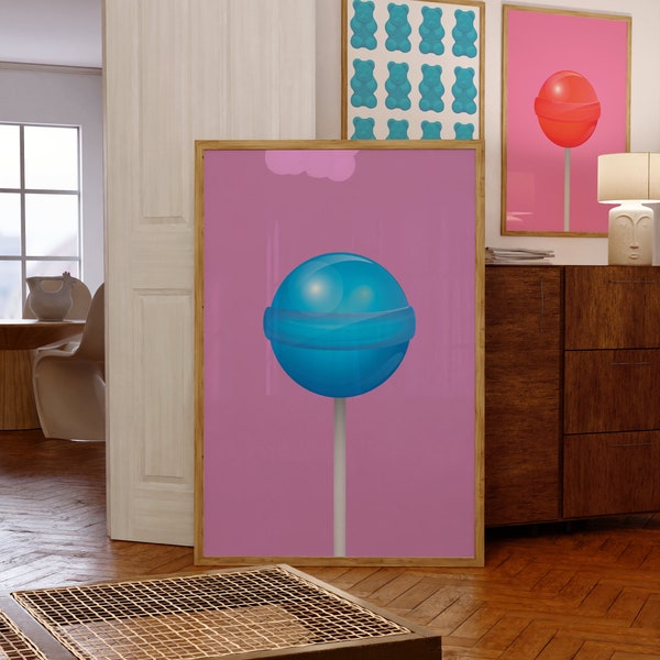 Impression de sucette violette | Décor sur le thème des bonbons | Art mural de cuisine coloré | Affiche de sucette | Art mural tendance | Décor de chambre d'enfant rétro | Décoration d'intérieur