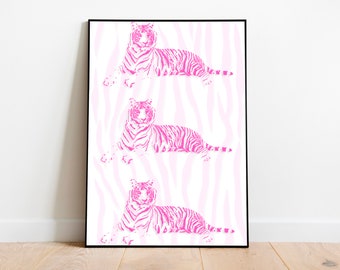 Pink Preppy Tiger Print: Trendy Maximalist Wall Art (Digital Download)